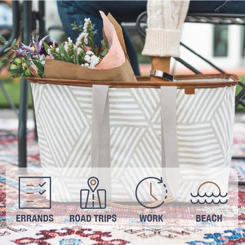 Collapsible LUXE Tote, Geometric Taupe - 30L (8 Gal) Structured Tote Bag with Handles and Reinforced Bottom - Reusable Grocery Bag, Shopping Bag, Utility Tote Bag