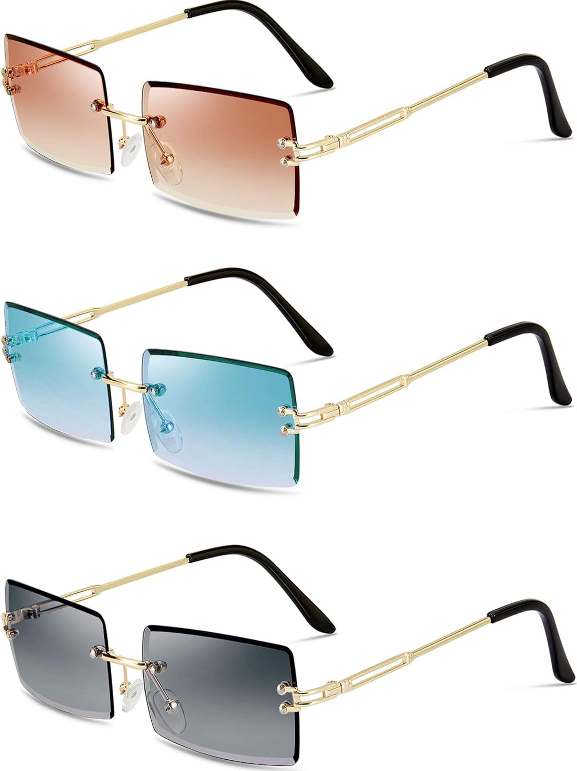 3 Pairs Rimless Rectangle Sunglasses Tinted Frameless Eyewear Vintage Transparent Rectangle Y2K Glasses for Women Men