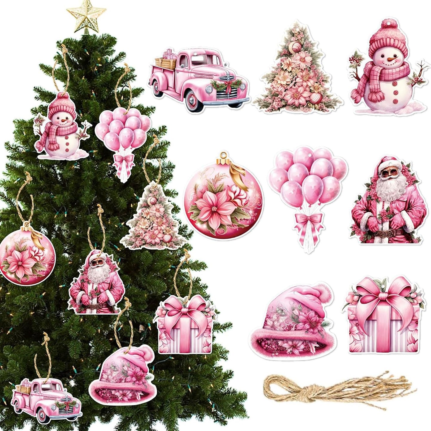 16 Pcs Christmas Tree Ornaments Set Pink Christmas Decorative Hanging Ornaments Xmas Tree Santa Claus Bell Snowman Cardboard Christmas Ornaments for Christmas Tree Xmas Party Decoration Supply