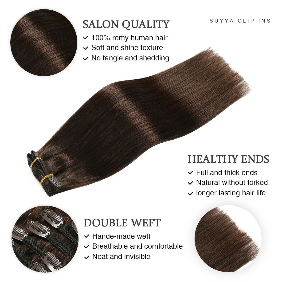 Clip in Hair Extensions Real Human Hair,Human Hair Clip in Extensions Straight Human Hair Clip Ins Double Weft Hair Extensions Clip Ins 7Pcs 120G (16 Inches #2 Darkest Brown)