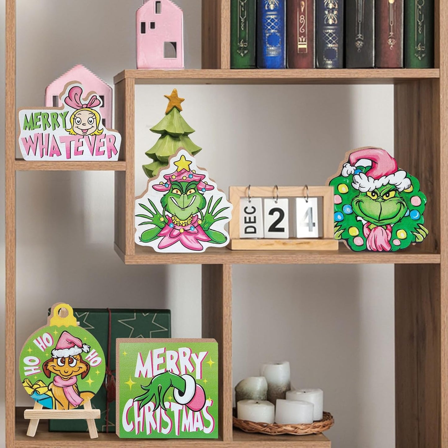 Merry Christmas Tiered Tray Decor, Pink Xmas Tree Tray Decorations Set, Max Dog Hohoho Merry Whatever Girl Winter Wooden Signs, Funny Holiday Farmhouse Rustic Home Decor for Table Shelf Party