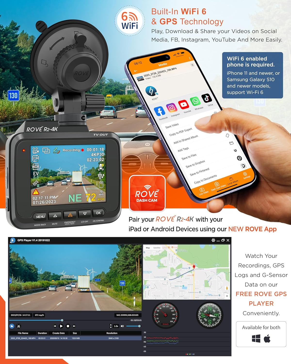 R2-4K Dash Cam Built-In Wifi GPS Car Dashboard Camera Recorder with UHD 2160P, 2.4" IPS Screen, 150° Wide Angle, WDR, Night Vision