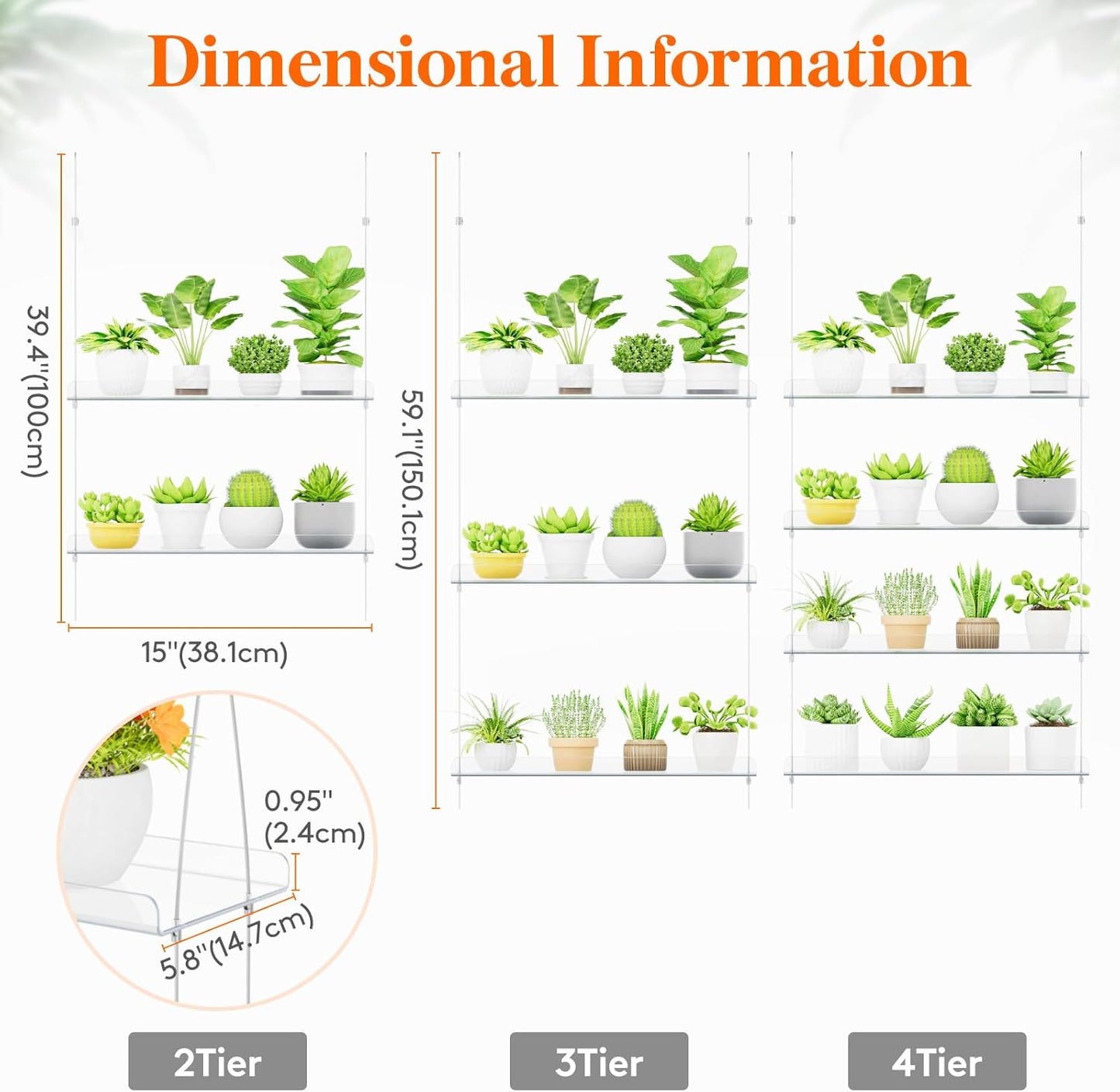 2-Tier Window Plant Shelves 15 Inch, Acrylic Adjustable Hanging Floating Shelf, Window Sill Extender for Indoor Succulent Plants, Micro Greens, Seed Starter Pots, Herb Planters