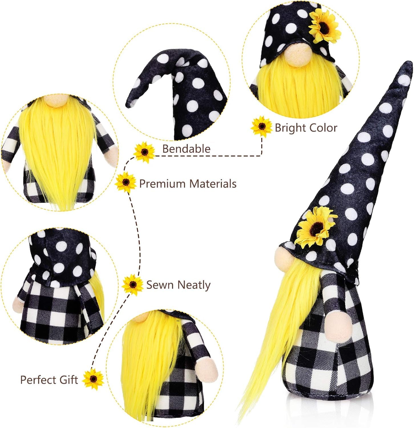 3 Pieces Fall Sunflower Swedish Gnomes Decor Sunflower Buffalo Plaid Rustic Tiered Tray Decorations Plush Tiered Tray Gnomes Ornaments for Home Garden Kitchen Decor