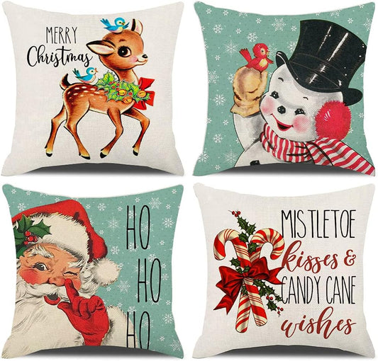 Christmas Decorations Pillow Covers 16×16 Set of 4 Snowflake Santa Snowman Deer Bird Candy Cane Xmas Rustic Winter Throw Pillows Farmhouse Christmas Decor Cushion Cases (16"X16")