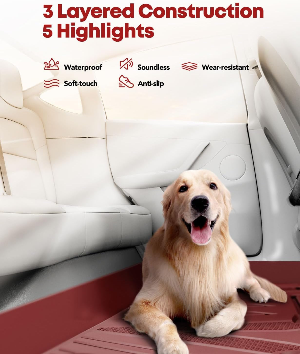 Floor Mats Compatible with Tesla Model 3 2021-2023, All Weather TPE Front Rear Cargo Liner, Rear Storage Mats, Model 3 Accessories, Red, Set of 6