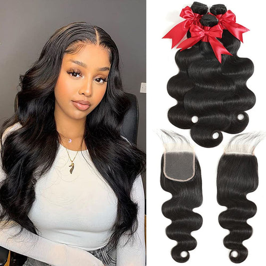 10A Body Wave Bundles with Closure 16 18 20+14 Inch Human Hair Bundles with Closure 100% Brazilian Virgin Body Wave 3 Bundles and Closure Human Hair Weave Bundles with Closure 4X4 HD Lace Free Part