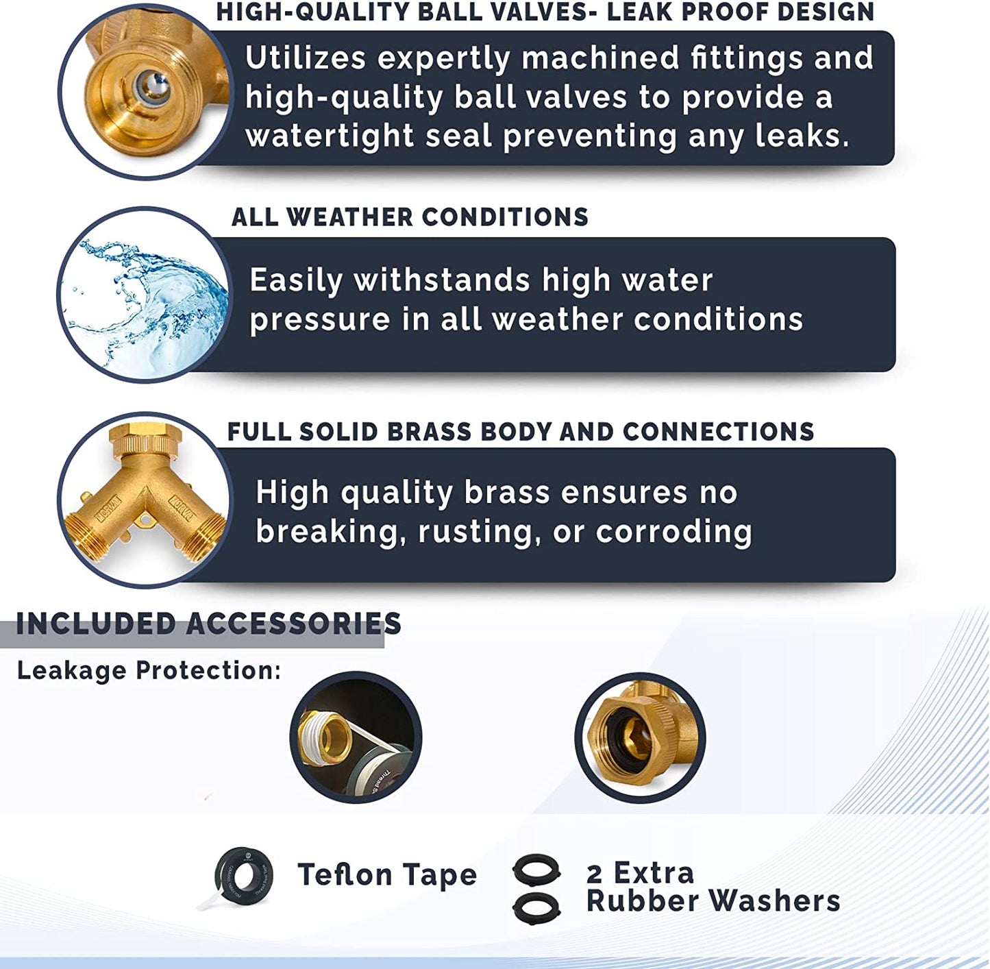 Heavy Duty Brass 2 Way Y Splitter Garden Hose Hexagonal Connector with Comfortable Grip Shut off Valves, Adapter for Water Tap, Outlet, & Spigot, Includes 2 Extra Rubber Washers & Teflon Tape