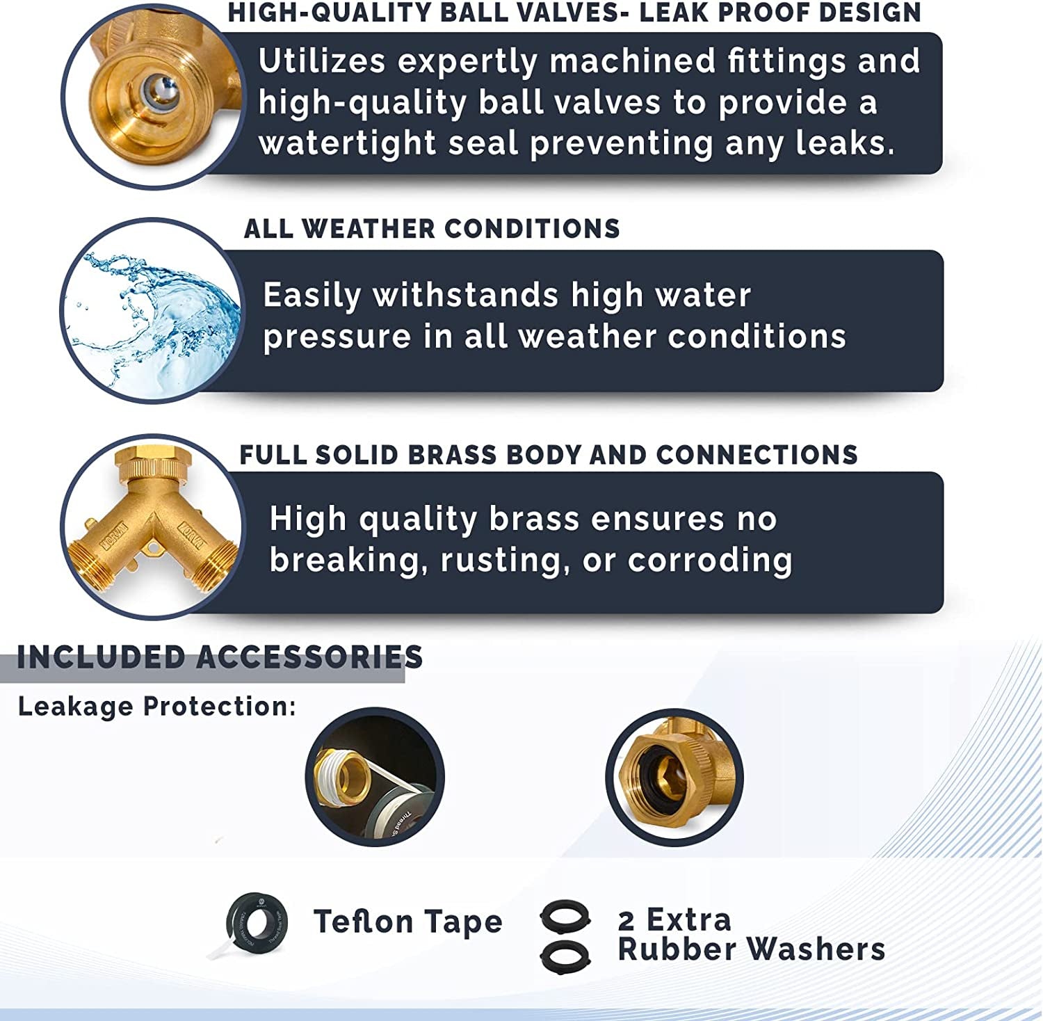 Heavy Duty Brass 2 Way Y Splitter Garden Hose Hexagonal Connector with Comfortable Grip Shut off Valves, Adapter for Water Tap, Outlet, & Spigot, Includes 2 Extra Rubber Washers & Teflon Tape