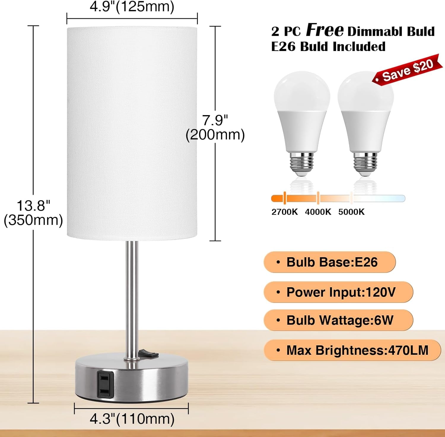 Table Lamp for Bedroom Set of 2, Bedside Small Lamps with 3 Way Dimmable Rocker Switch and AC Outlet, Nightstand Desk Lamp with White Fabric Shade Nickel Base for Living Room Home Decor Lights
