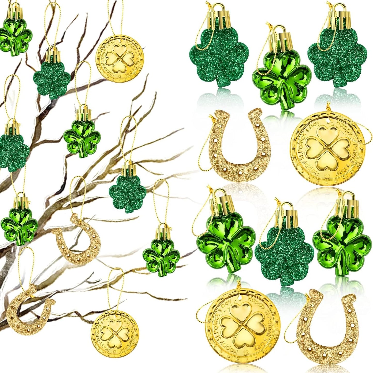St. Patricks Day Decorations Shamrock Ornaments - 48Pcs Shamrock Clover Gold Coins Horseshoe Tree Ornaments for Spring Lucky Irish Day St Patrick'S Day Home Table Tree Party Hanging Decorations