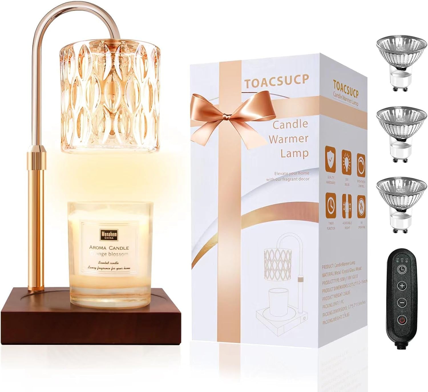 Candle Warmer Lamp with 3 Bulbs, Adjustable Height Dimmable Candle Warmer with Timer, Compatible with Large Jar Candles, Candle Lamp with Charming Gift Box Ribbon for Her/Him(Natural Wood)