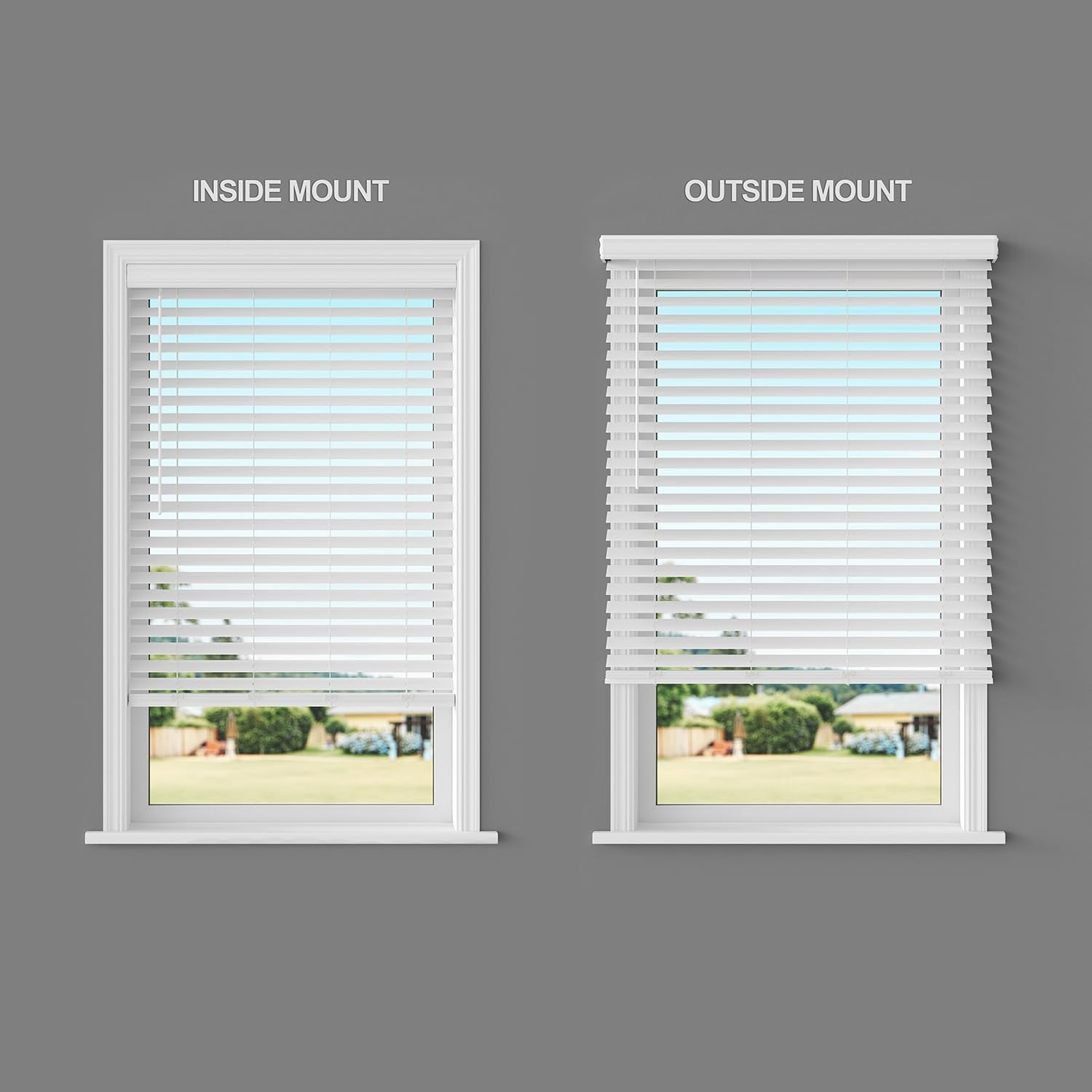 2.5 Inch Cordless Faux Wood Blind, 34" W X 60" L - White Plantation Style Venetian Blinds, over 400 Custom Sizes Starting at 29.97, Room Darkening Shades for Interior Windows by