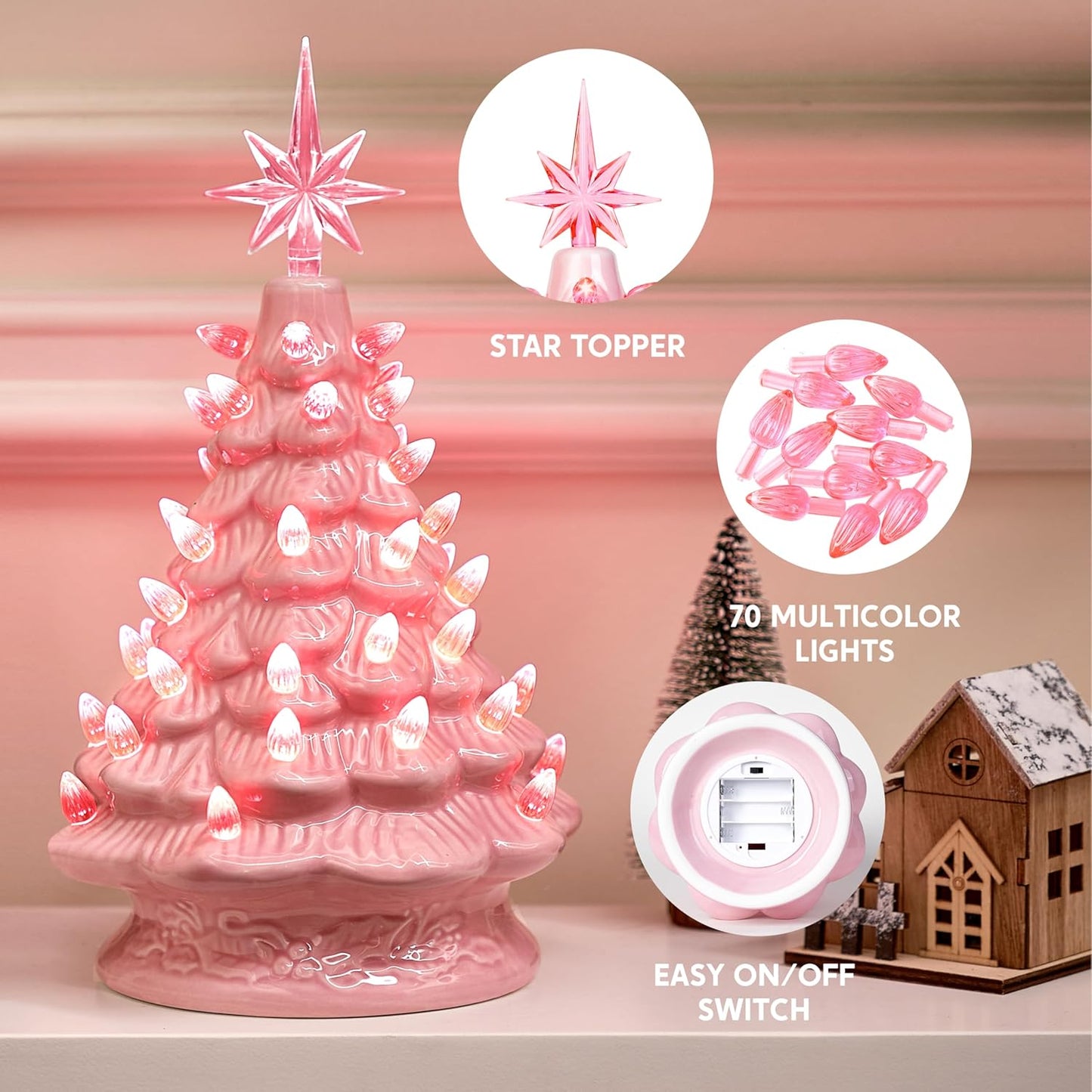 12" Pink Ceramic Christmas Tree, Prelit Tabletop Christmas Tree with Extra Pink Top Star & Bulbs for Best Desk Decoration