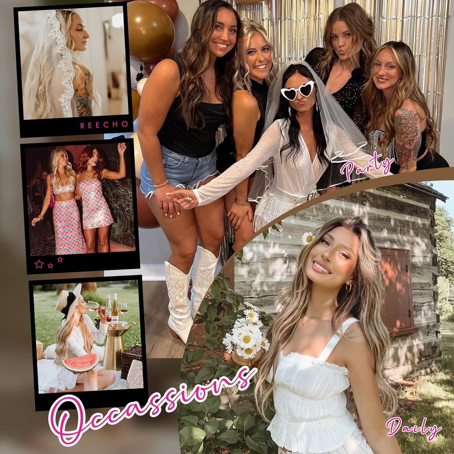 Hair Extensions, 4PCS Clip in Hair Extensions 24" Thick Long Beach Waves Hair Extensions HE003 Invisible Lace Weft Natural Soft Synthetic Hairpieces for Women – Ash Brown with Highlights