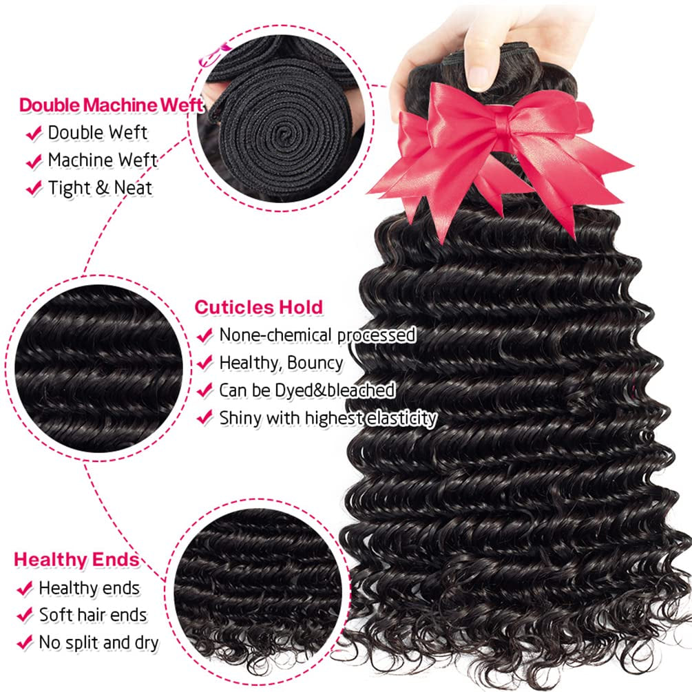 Deep Wave Bundles with Closure (12 14 16+10 Free Part) 12A 100% Unprocessed Brazilian Virgin Human Hair Bundles with 4X4 Lace Closure Deep Curly Weave Hair Extensions Natural Color for Black Women