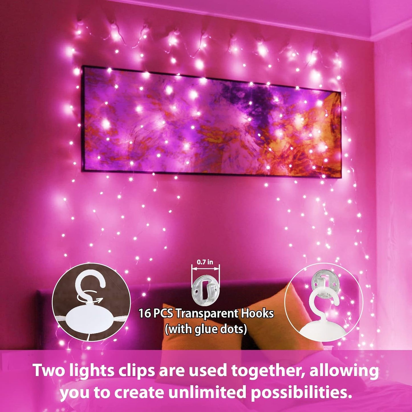 300LED Pink Fairy Curtain Hanging Lights with Remote 8 Modes Timer for Bedroom, 9.8X9.8Ft USB Plug in Christmas Fairy String Lights for Outdoor, Weddings, Party, Garden, Wall, Decorations