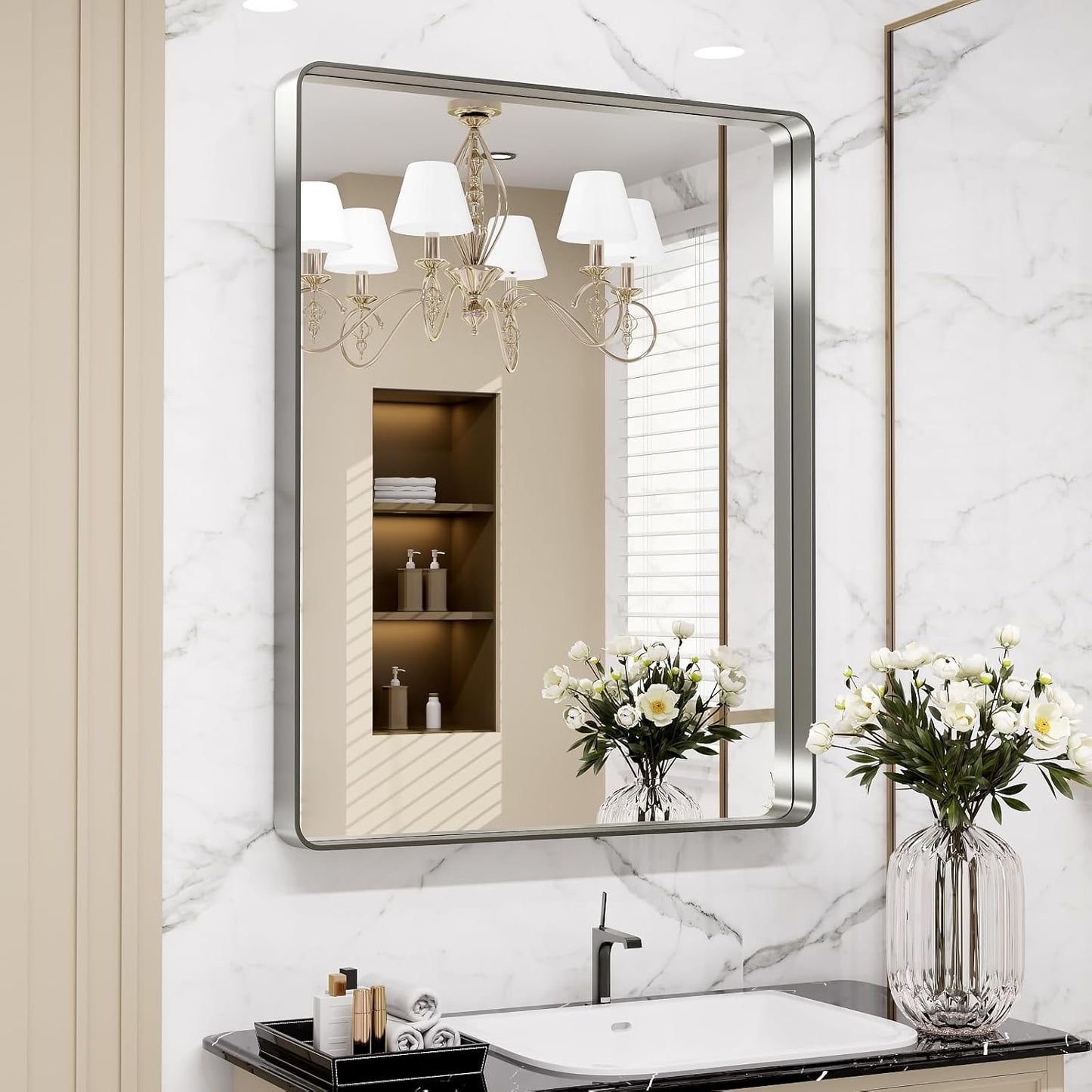 50X30 Inch Black Metal Framed Bathroom Mirror for Wall, Matte Black Bathroom Vanity Mirror Farmhouse, Large Rounded Rectangle Mirror, Anti-Rust, Tempered Glass, Hangs Horizontally or Vertically
