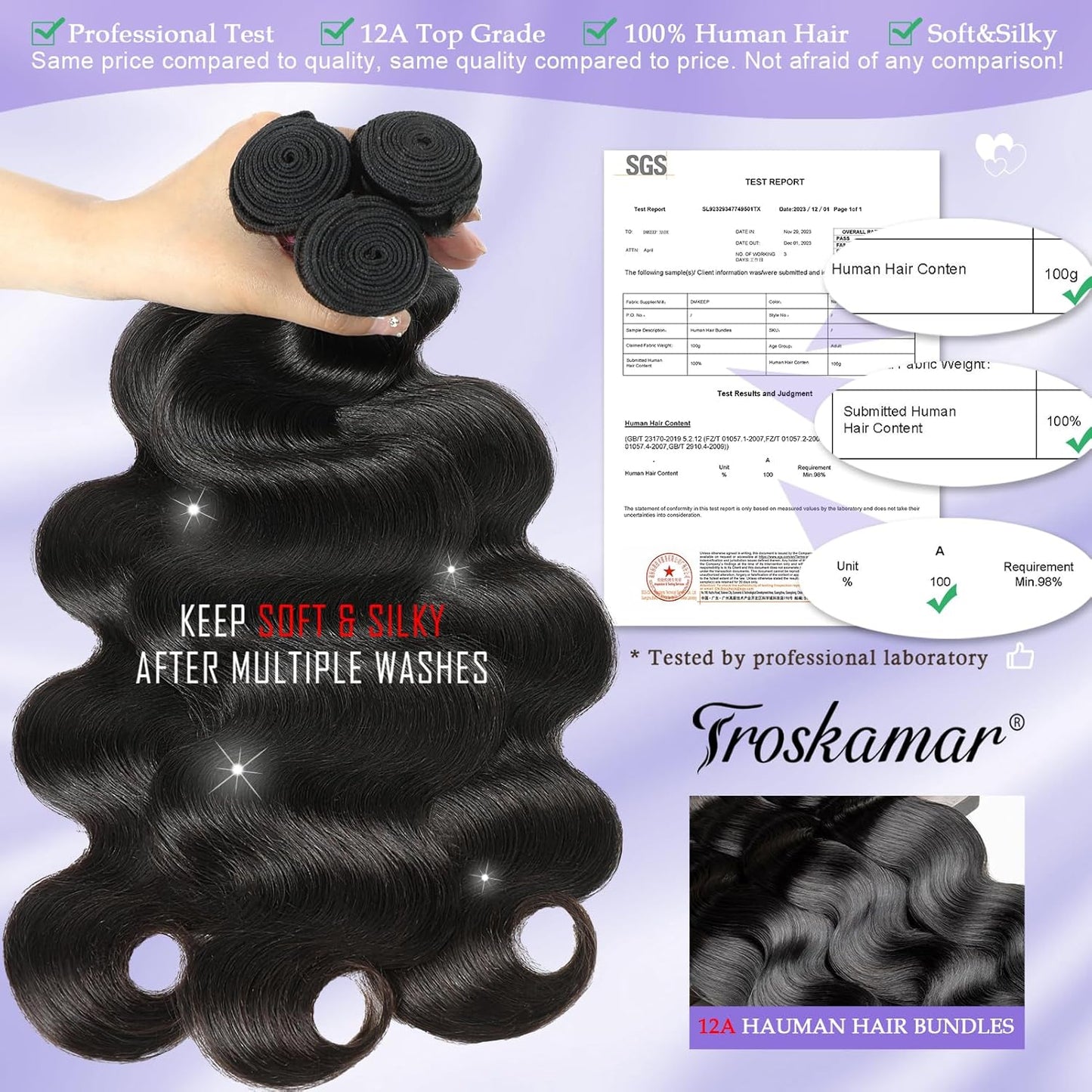 12A Body Wave Bundles Human Hair 16 18 20 Inch Human Hair Bundles Body Wave 3 Bundles 100% Unprocessed Brazilian Virgin Hair Extensions Natural Color