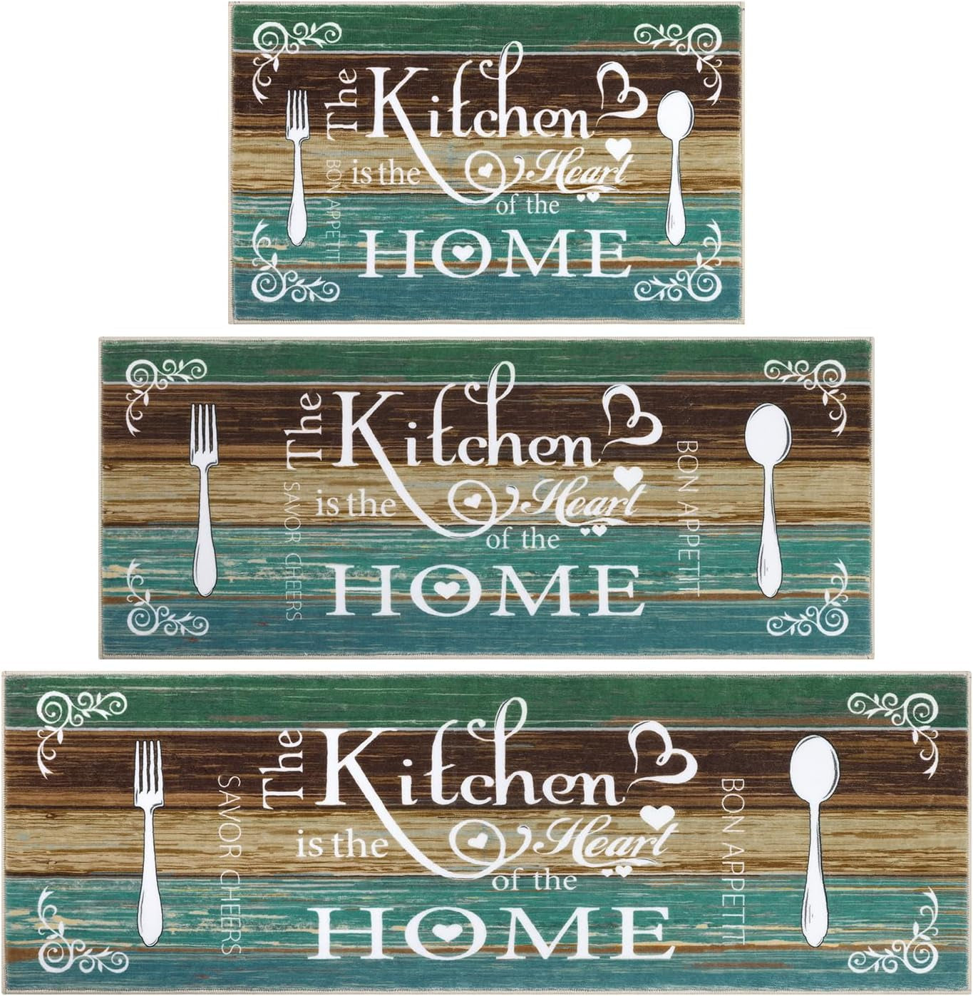 Boho Kitchen Rug Sets 3 Pieces, Washable Kitchen Mats for Floor, Non Slip Soft Kitchen Area Rug Floor Mat for Kitchen, Laundry Room and Hallway (Teal, 20''X32''+20''X47''+20''X59'')