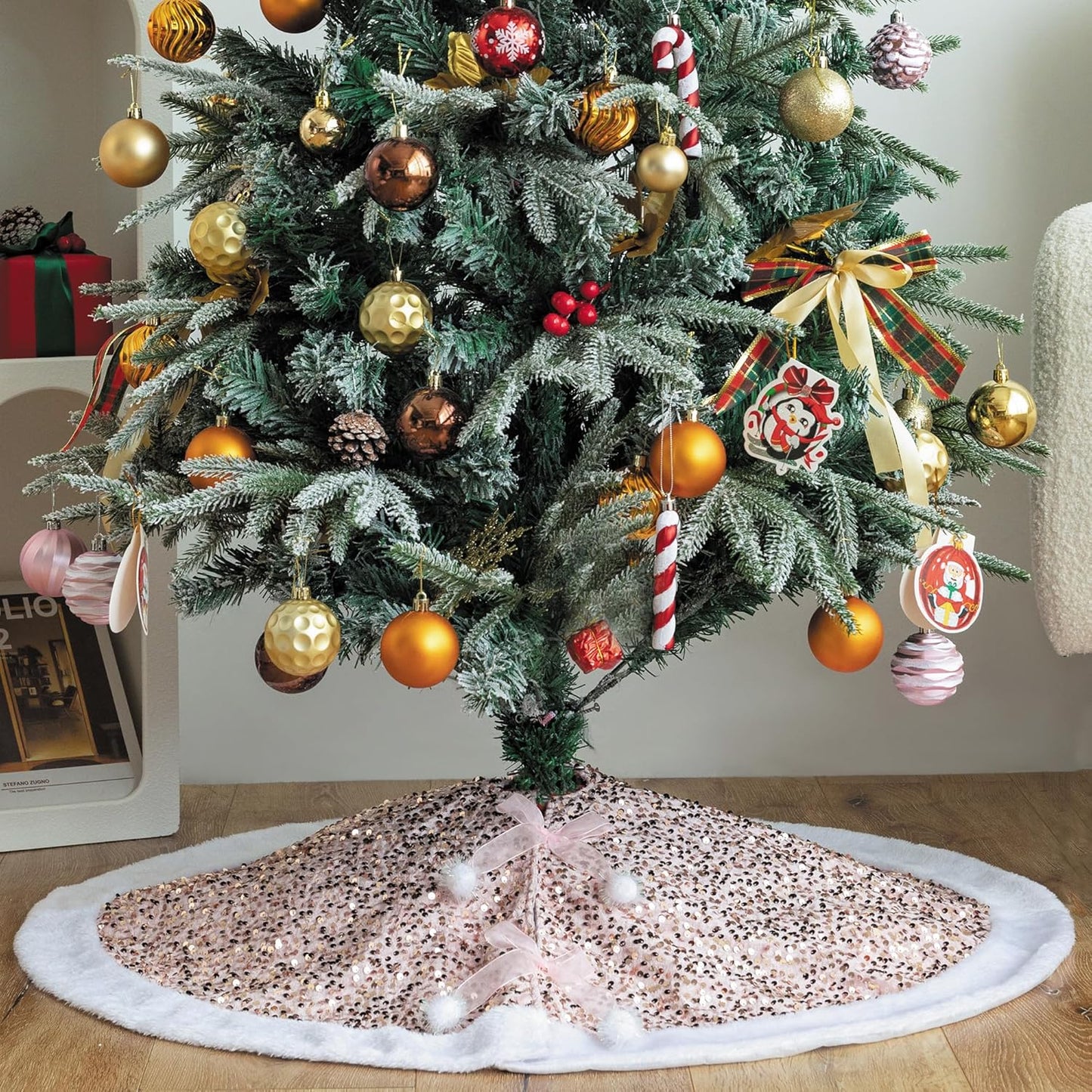 Christmas Tree Skirt, Pink Sparkly with Faux Fur Plush Christmas Decorations Tree Base Mat Thick Velvet Rugs for Xmas Party Home Decor (Pink)
