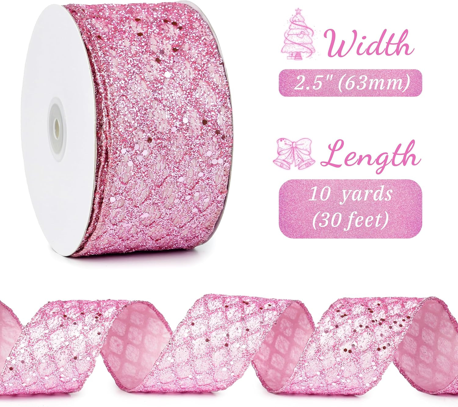 Pink Christmas Ribbon 2.5" Glitter Mesh Wired Ribbon for Christmas Tree Pink Diamond Honeycomb Ribbon for Gift Wrapping, Crafts, Wreath Supplies, Garland, Tree Topper Bows - 10 Yards