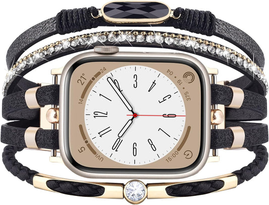 Boho Leather Bracelet Compatible with Apple Watch Band 38Mm 40Mm 41Mm Women, Adjustable Iphone Watch Bands Fancy Jewelry Multilayer Strap Wrap for Iwatch Bands Series 9 8 7 6 5 4 3 2 1 SE