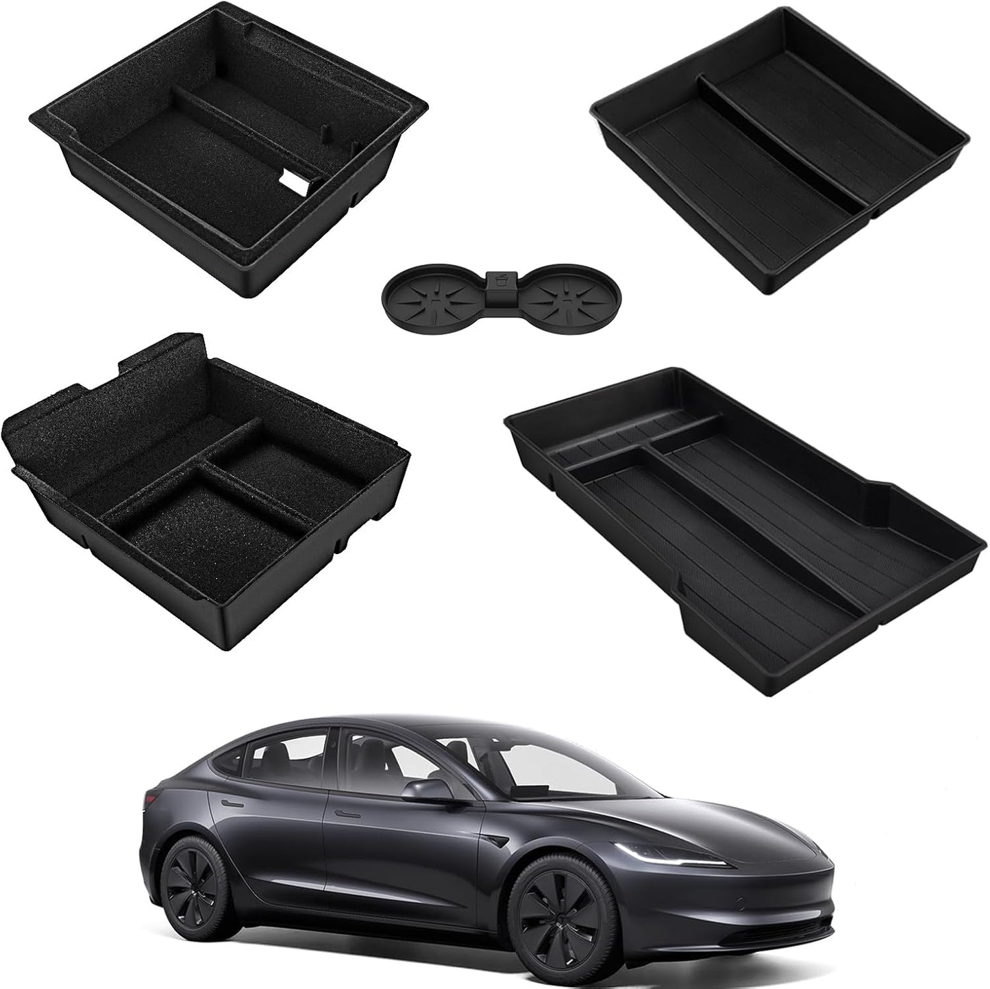 Newest 5PCS Center Console Organizer Compatible with 2024 2025 Tesla Model 3 Highland,4 Car Organizer Trays & 1 Center Console Cup Holder,Hidden Storage for Tesla Model 3 Accessories 2024 2025