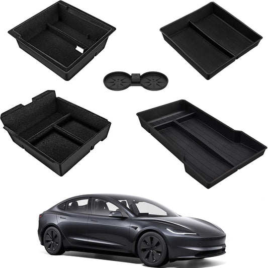 Newest 5PCS Center Console Organizer Compatible with 2024 2025 Tesla Model 3 Highland,4 Car Organizer Trays & 1 Center Console Cup Holder,Hidden Storage for Tesla Model 3 Accessories 2024 2025