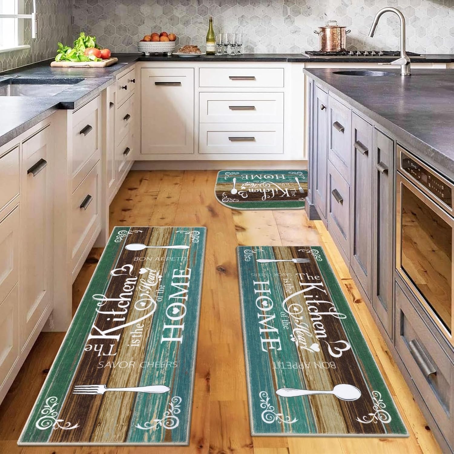 Boho Kitchen Rug Sets 3 Pieces, Washable Kitchen Mats for Floor, Non Slip Soft Kitchen Area Rug Floor Mat for Kitchen, Laundry Room and Hallway (Teal, 20''X32''+20''X47''+20''X59'')