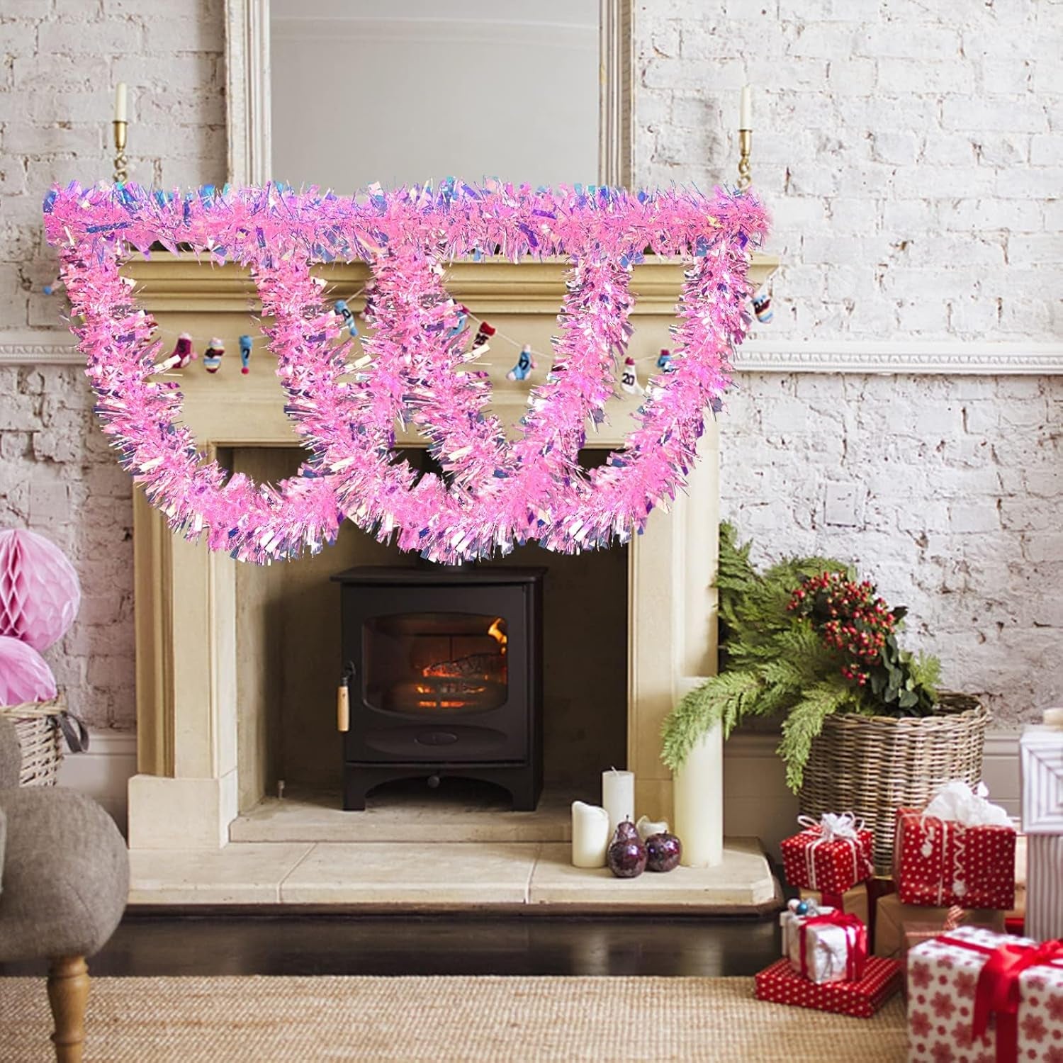 19.7FT Pink Christmas Tinsel Garland Metallic Tinsel Twist Garland Glitter Foil Garland Decoration for Christmas Tree Wedding Party