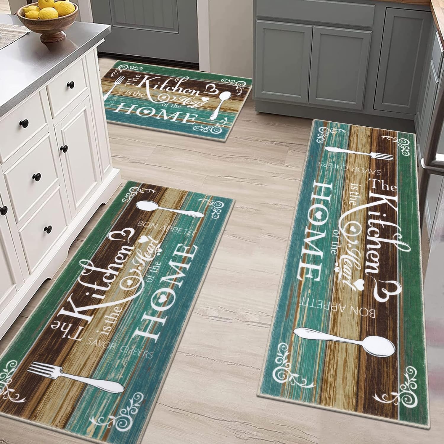 Boho Kitchen Rug Sets 3 Pieces, Washable Kitchen Mats for Floor, Non Slip Soft Kitchen Area Rug Floor Mat for Kitchen, Laundry Room and Hallway (Teal, 20''X32''+20''X47''+20''X59'')