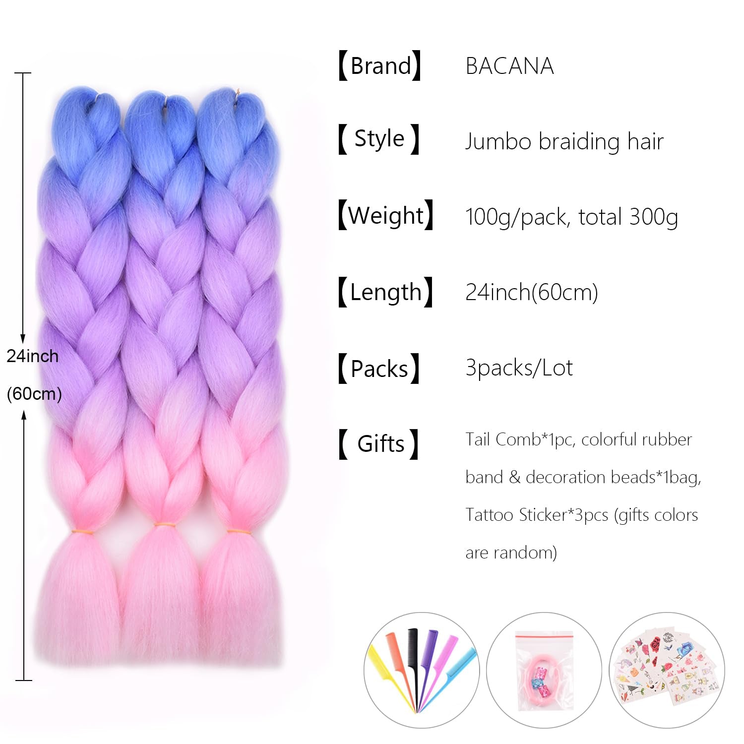 Ombre Braiding Hair Kanekalon Braiding Hair Extensions Pink 3Pcs Jumbo Braiding Hair for Box Braids 24Inch Blue/Purple/Pink
