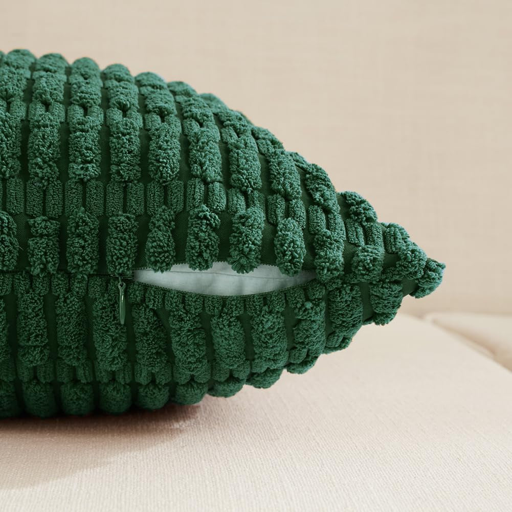 Set of 4 Dark Green Boho Decorative Throw Pillow Covers 18X18 Inch for Couch Bed Sofa, Aesthetic Modern Bohemian Room Decor, Soft Fuzzy Fluffy Cozy Corduroy Textured Cushion Case 45X45Cm