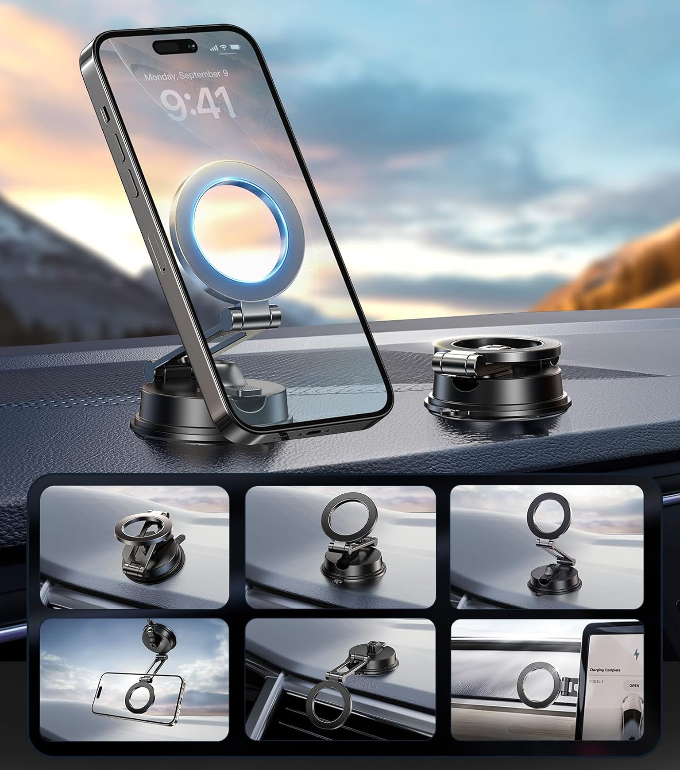Folding Car Phone Mount for Magsafe, Magnetic Dashboard, Windshield Holder, Strong Suction, Easy to Relocate, Must-Have for Car Rentals, Best Accessories for Men Women Iphone 16E/15/14/13/12 Pro Max