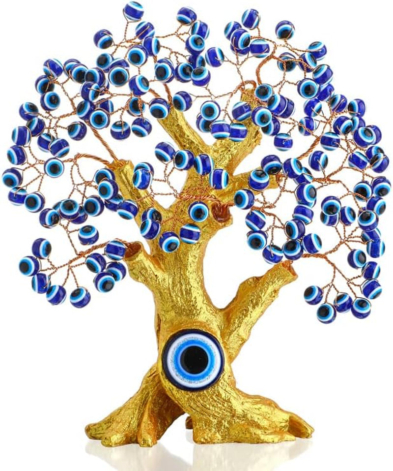 8'' Turkish Blue Evil Eye Tree Golden Feng Shui Decor Protection Money Fortune Tree Good Luck Gift