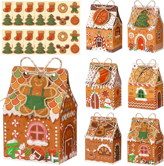 60 Set Small Christmas Cookie Boxes with Tags Gingerbread House Gift Box with String Kraft Paper Christmas Treat Boxes Mini Goodie Containers for Xmas Party Packaging Favor Supplies(Brown)