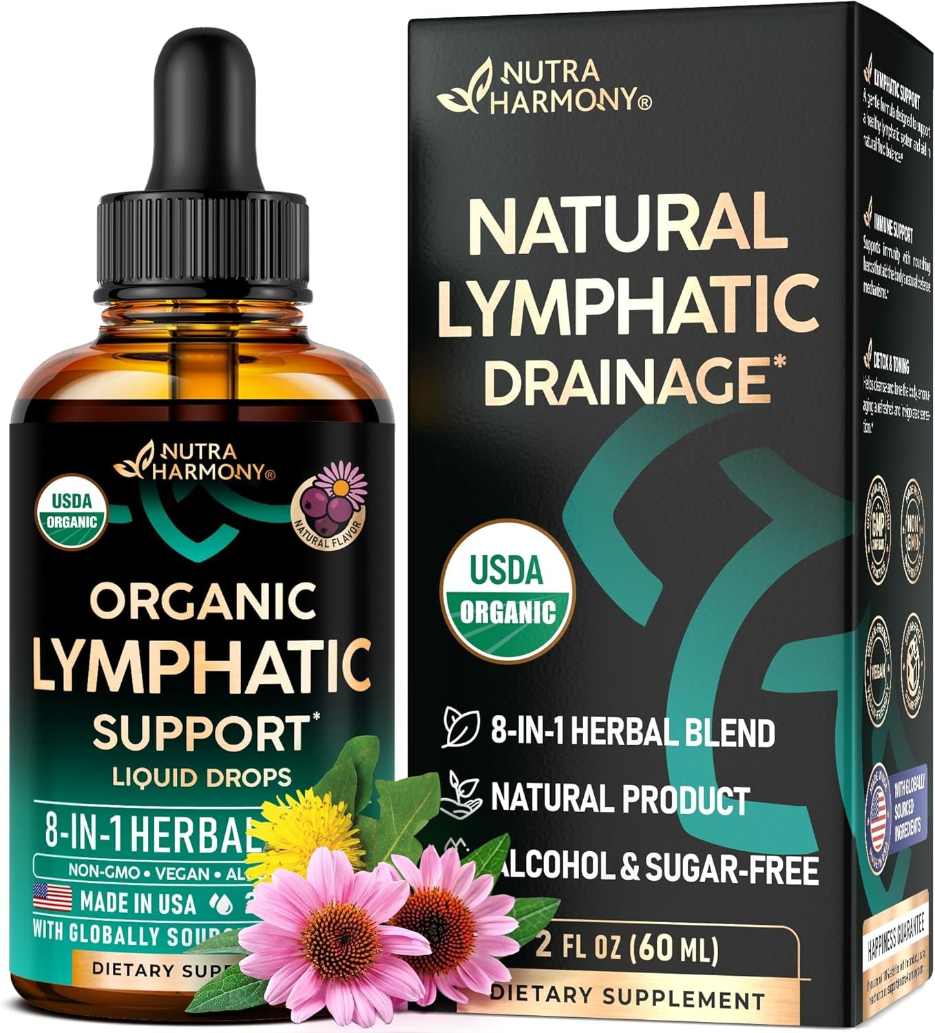 USDA Organic Lymphatic Drainage Supplement - Echinacea | Elderberry | Dandelion | Rosehip | Cleavers | Calendula | Burdock - Made in USA - Lymph System Drops - Immune Support, Cleanse & Detox, 2 Fl Oz TLBH