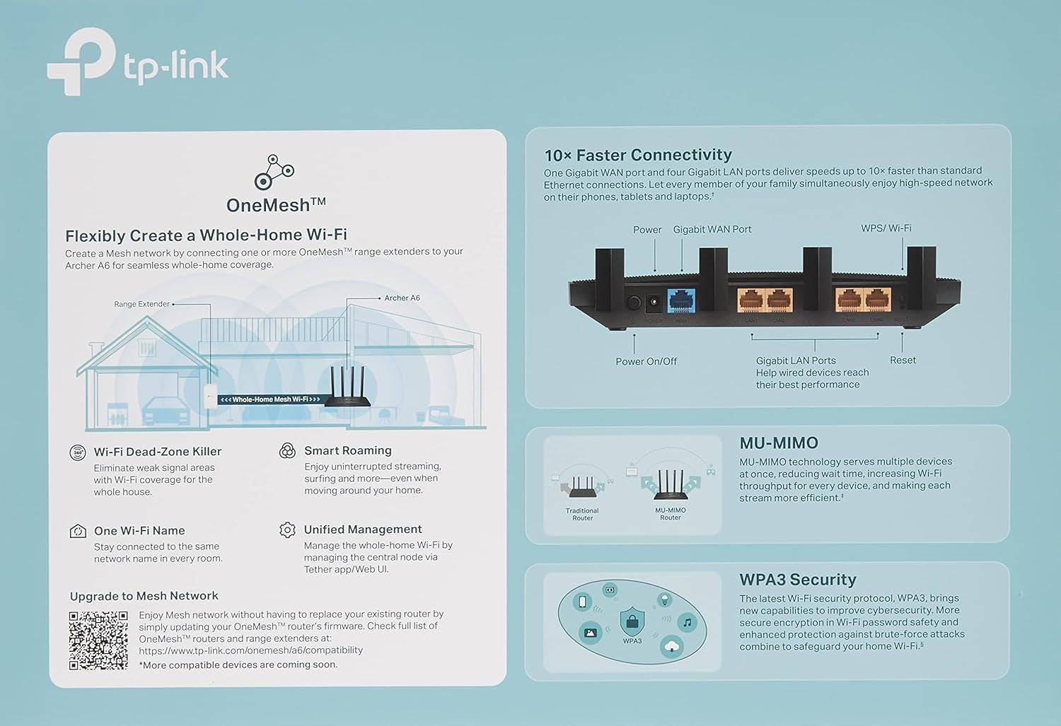 AC1200 Gigabit Wifi Router (Archer A6) - Dual Band MU-MIMO Wireless Internet Router, 4 X Antennas, Onemesh and AP Mode, Long Range Coverage