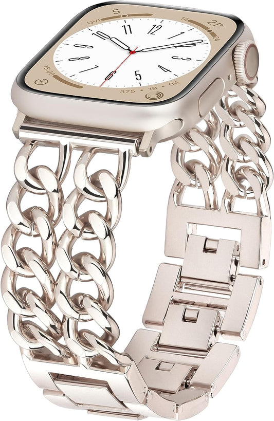 Metal Band Bracelet Compatible with Apple Watch Series 9 8 SE 7 6 5 4 3 2 1 Ultra 2 1,Dressy Iwatch Bands for Women Men,Chain Design Adjustable Bands for Apple Watch 41Mm 40Mm 38Mm(Starlight)
