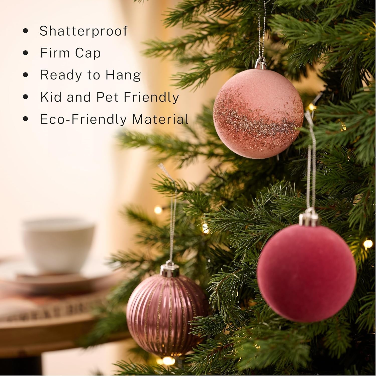 Christmas Ornaments, 9Ct 80Mm Large Pink Gold Christmas Tree Decorations, Shatterproof Decorative Velvet Ball Ornaments for Christmas Tree, Valentines Day Decor