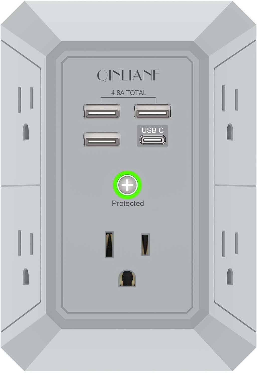 Wall Charger, Surge Protector,  5 Outlet Extender with 4 USB Charging Ports (4.8A Total) 3-Sided 1680J Power Strip Multi Plug Adapter Spaced for Home Travel Office (3U1C)