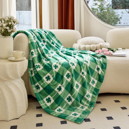 Velvet Touch Ultra Plush St Patricks Day Lucky Spring Green Clover Shamrock Irish Printed Fleece Throw/Blanket-50 X 60Inch, Lucky Plaid Clover