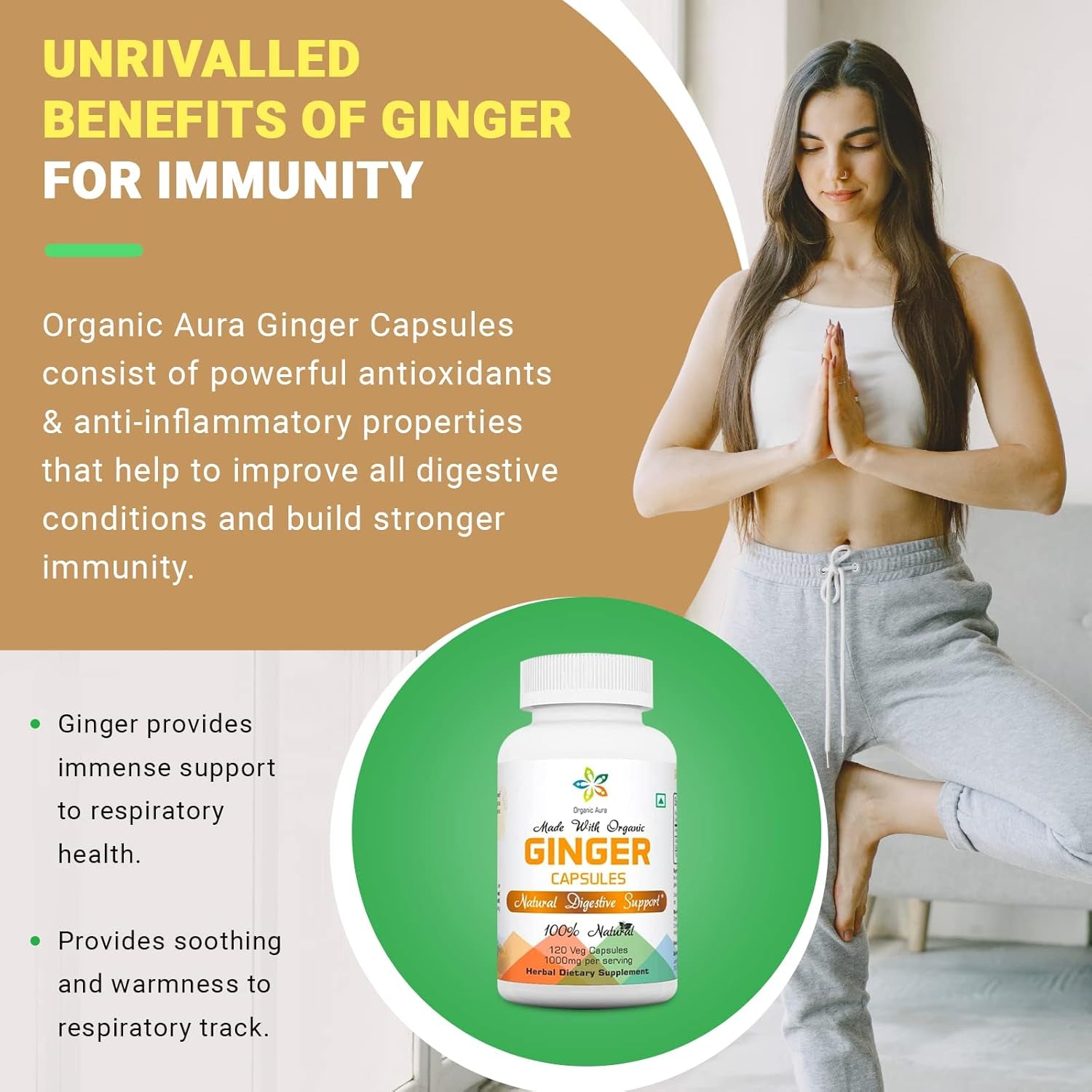 Organic Aura Ginger Capsules - 120 Veg Capsules. 2 Month Supply. Naturally Boosts Digestion, Relief Stomach Upset and Improves Immunity. No GMO and Gluten Free. TLBH