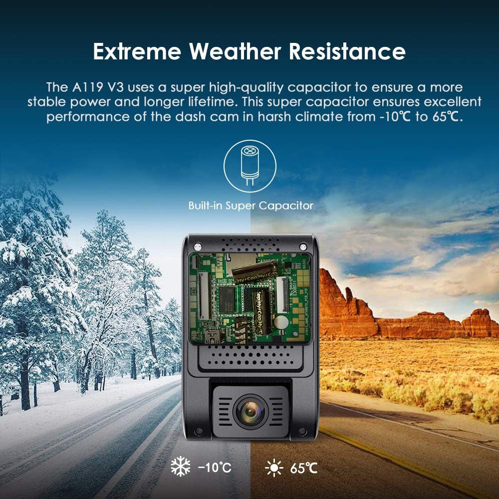 Dash Cam  A119 V3 2K 2560X1440P Quad HD+ Car Dash Camera, Ultra Clear Night Vision, 140-Degree Wide Angle, GPS Included, Buffered Parking Mode, True HDR, Motion Detection, Time Lapse