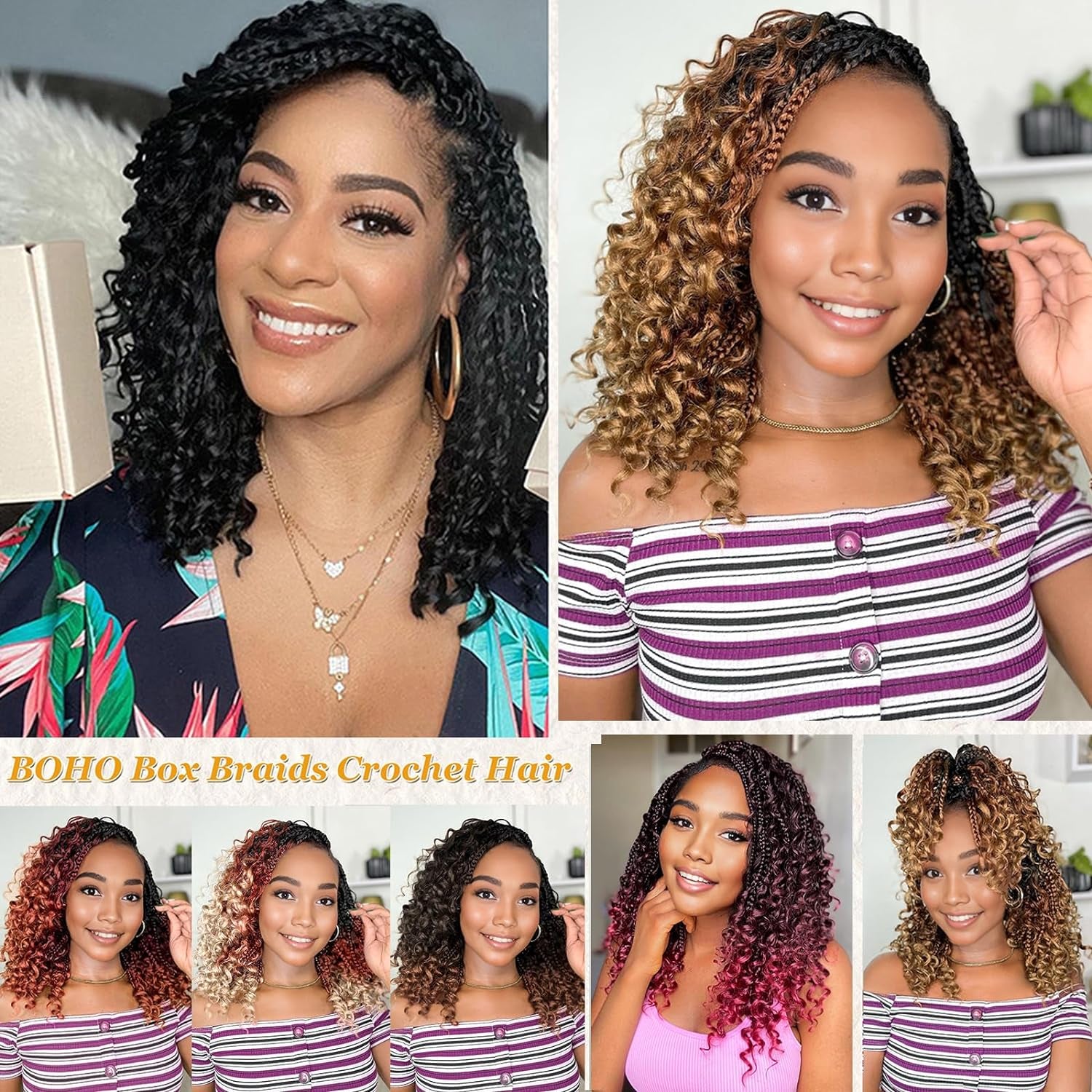 Goddess Box Braids Crochet Hair 10 Inch Boho Crochet Box Braids with Curly Ends, 9 Packs Bohomian Box Braids Crochet Hair for Black Women Pre Looped Box Braids Crochet Hair (10Inch,1B/30/613)