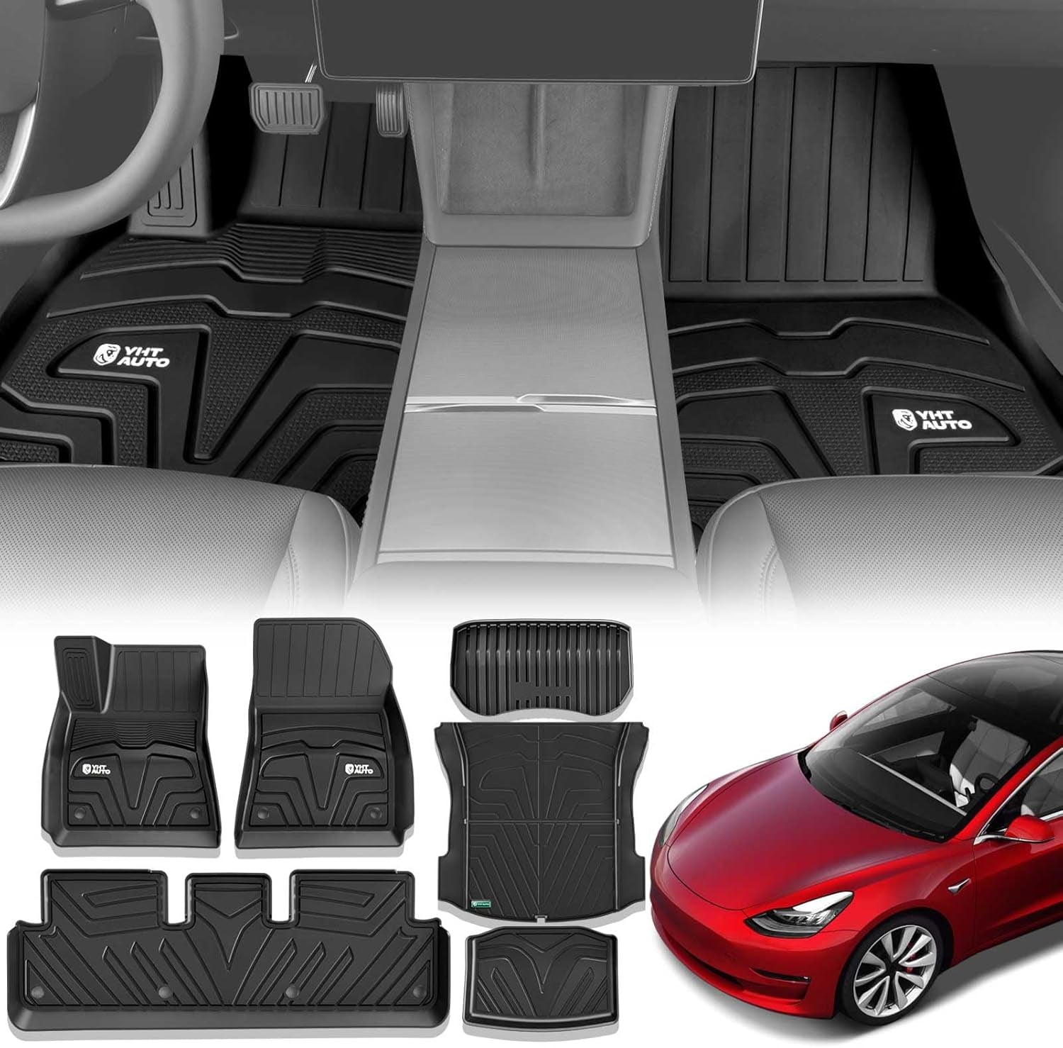 Floor Mats Compatible with Tesla Model 3 2021-2023, All Weather TPE Front Rear Cargo Liner, Rear Storage Mats, Model 3 Accessories, Red, Set of 6