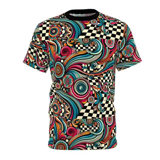 Vibrant Unisex Cut & Sew Tee with Colorful Swirls & Checkered Design