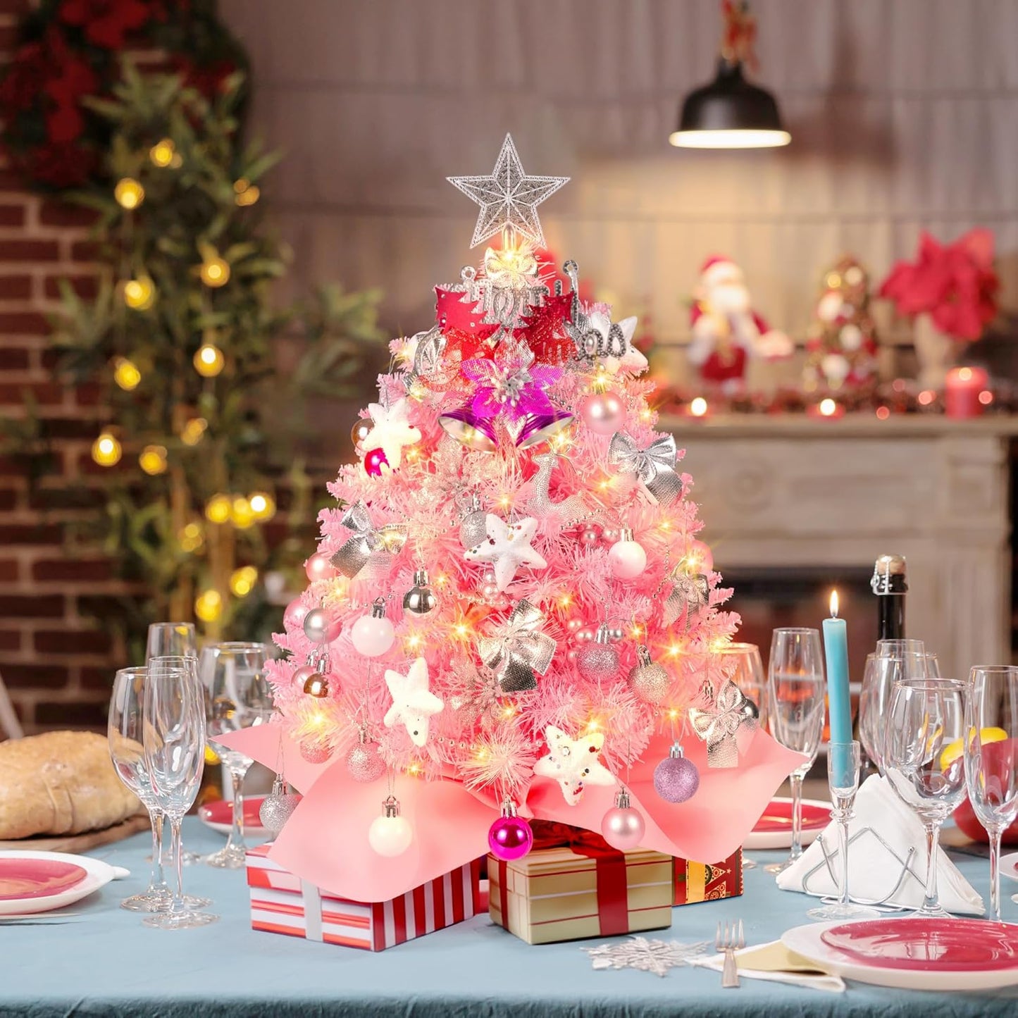 2FT Pink Christmas Tree, Mini Tabletop Christmas Tree with 60 LED Lights, Small Prelit Artificial Christmas Tree, 100 Branch Tips, 70 DIY Ornaments, Pink Christmas Decorations