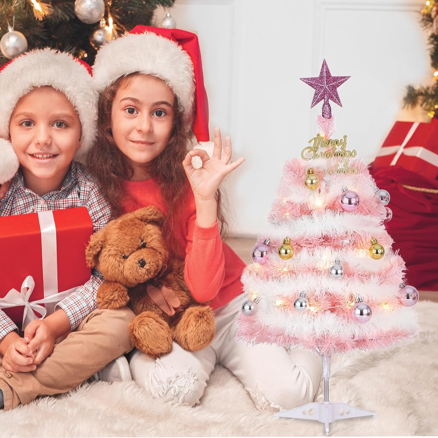 Small Pink Christmas Tree, 2Ft Mini Christmas Tree, Artificial Small Desktop Xmas Tree with Lights and Tree Ornaments, for Christmas Thanksgiving Decorations